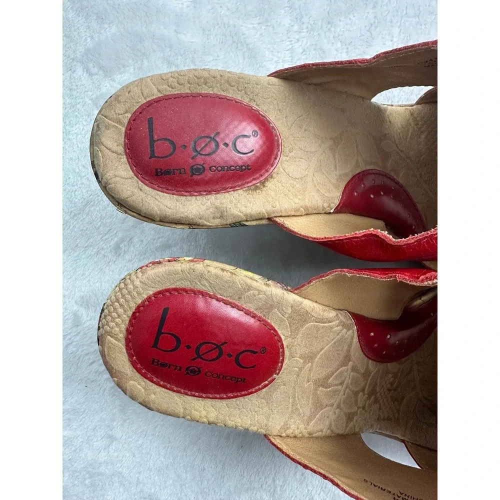 BOC Born Concept Red Leather Floral Cork Wedge Mules Women's Size 8M